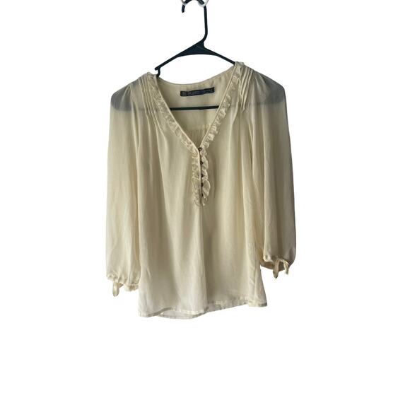 Zara Frf Collection Small Cream Ruffle‎ Coquette Semi Sheer Babydoll Top Cottage - Picture 1 of 9
